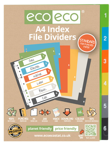 Numbered 1-6 A4 Index File Dividers | Recycled | Eco Eco