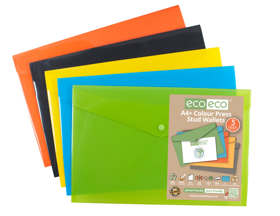 Pack of 5 A4+ Colour Press Stud Wallets | Recycled | Eco Eco